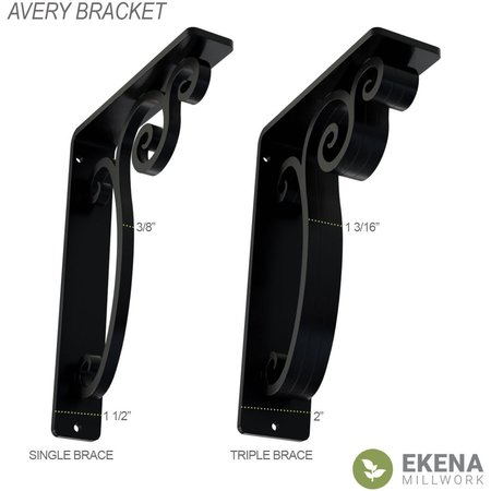 Ekena Millwork Avery Wrought Iron Bracket, (Single center brace), Powder Coated Black 1 1/2"W x 10"D x 12"H BKTM01X10X12SAV